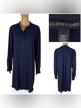 Eileen Fisher Womens Medium Shirt Dress Plaid 100% Silk Blue Black Casual Button